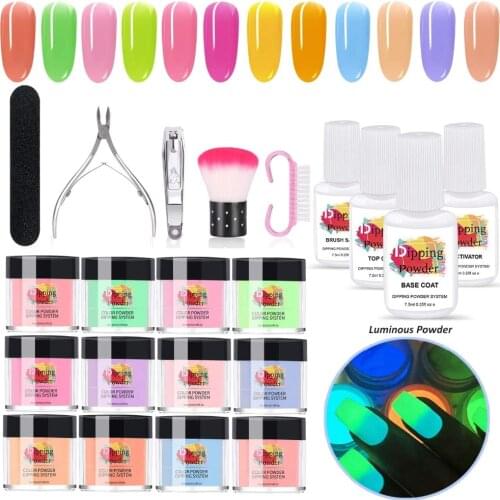 22Pcs/Set Luminous Dipping Nail Powder Set 12 Colors Acrylic Dip Powder Nail Manicure Tools Glittery Nail Art Decorations