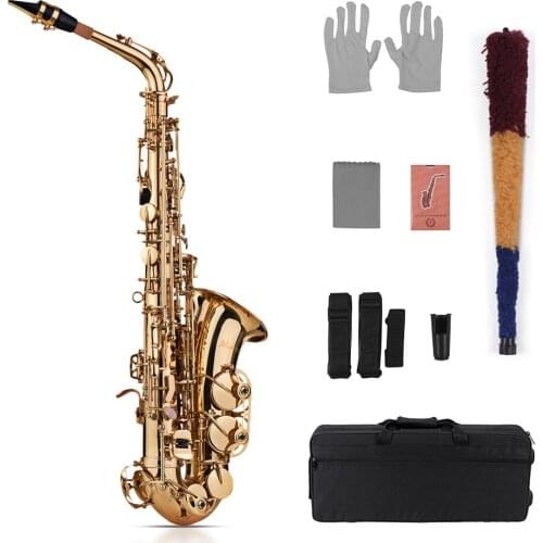Muslady Eb Alto Saxophone Sax Brass Lacquered Gold 802 Key Type Woodwind Instrument with Padded Carry Case Gloves Cleaning Cloth