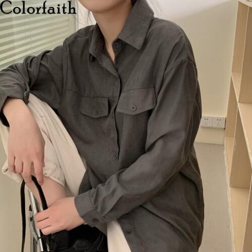 Colorfaith New 2021 Spring Summer Womens Blouses Shirts Oversize Turn-Down Collar Korean Style Vintage Wild Lady Tops BL3694