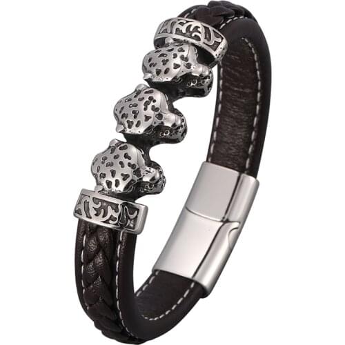 Brown Leather Rope Bracelet Bangles Male Leopard Head Stainless Steel Magnetic Buckle Trendy Men Wristband Punk Jewelry SP0846