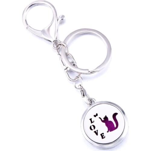 Love Cat Aroma Keychain Stainless Steel Open Locket Keyring Perfume Aromatherapy Essential Oil Diffuser Box Car Fine Keychain