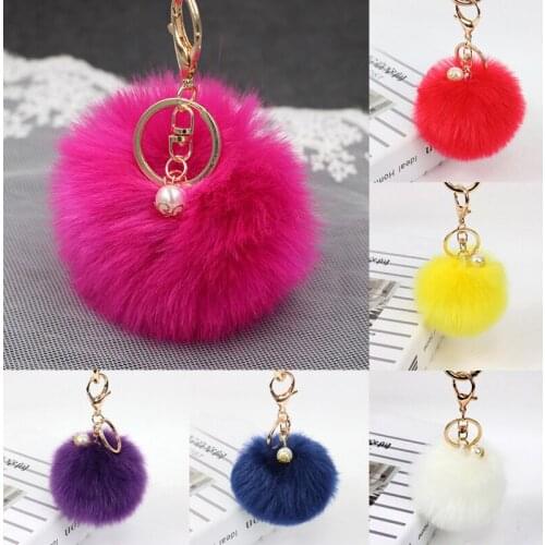 1PC Key Chain Fluffy Artificial Rabbit Fur Ball Pearl Pompons Key Ring Jewelry Hot Sale Car Bag Charm Trinket Women Keychains