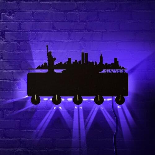 New York Skyline Key Holder Hooks Organizer Hook With LED Backlight NY Cityscape Rustic Light Up Home Decor for Entryway Mudroom