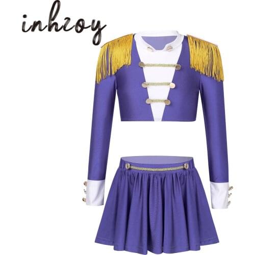 Kids Girls Jazz Dance Costumes Cheerleader Uniform Latin Rumba Dance Stage Performance Costume Long Sleeve Crop Top With Skirt