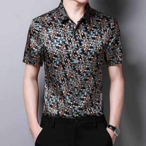 Men 100% Mulberry Silk Shirt 2021 New Summer Man Casual Short Sleeve Floral Shirts