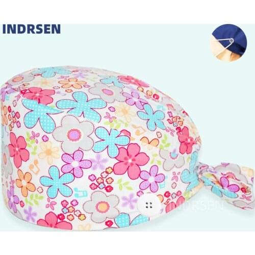 Unisex Surgical Cap Buttons Floral Print Pet Clinic Beauty Salon Nurse Hats Women Men Tie Back Sweatband Nurse Working Scrub Hat