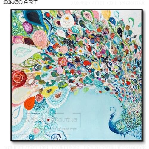 Artist Hand-painted High Quality Knife Painting Animal Peacock Oil Painting on Canvas Beauty Fine Art Modern Peacock Painting