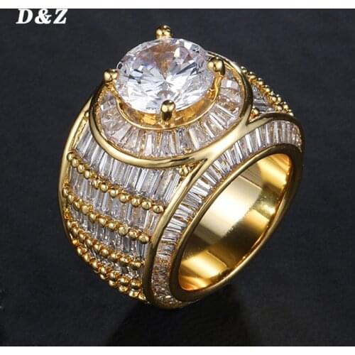 D&Z Rings With Big Stone Micro Paved Iced Out Cubic Zircon Gold Silver Color Personality Hip Hop Jewelry For Men Women Gifts