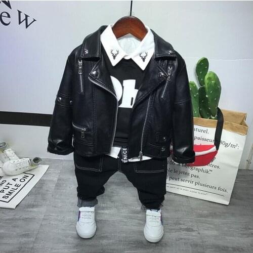 Children clothing set Boys sets Spring Autumn boys Faux leather coat + T-shirt+ shirts+ jean 4PCS Kids Clothes 2-6years