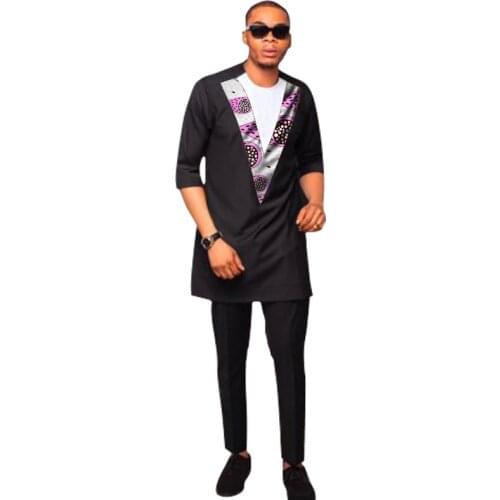African Print Patchwork Tops+Solid Black Pants Nigeria Style Groom Suits Mens Wedding Party Outfits Customized