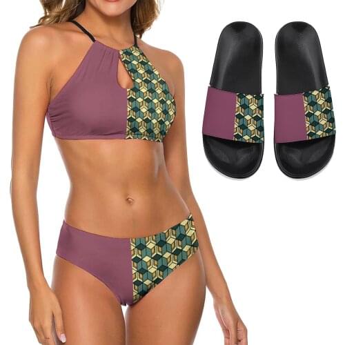 Demon Slayer Bikini Slipper Suit Cosplay Kamado Tanjirou Anime Women Swimsuit Flip Flop 3 Piece Set Swimwear Sandal Summer Merch