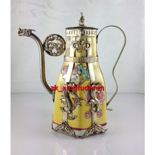 Healing Collectibles kuan yellow glazes portable Tibetan silver welding teapot Garden Decoration 100% real Tibetan Silver Brass