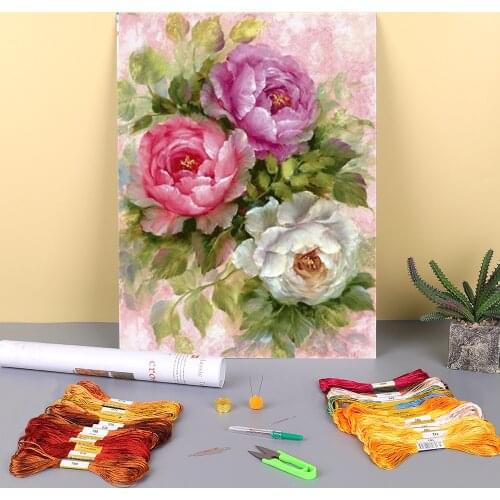 Flowers Vase Roses Printed Water-Soluble Canvas 11CT Cross-Stitch Kit DIY Embroidery DMC Threads Hobby Knitting Gift