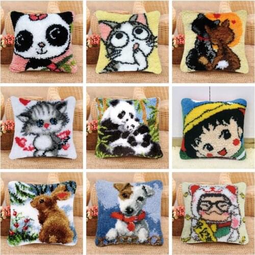 Cartoon Latch Hook Embroidery Cushion Cover DIY Animal Craft Cross PillowCase Stitch Needlework Crocheting Sofa Accessories Gift