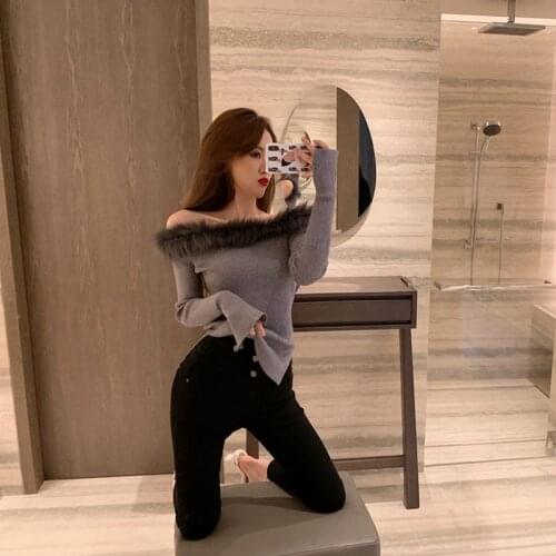 2020 new off-the-shoulder collar careful machine sweater sexy long-sleeved knit sweater top womens wear