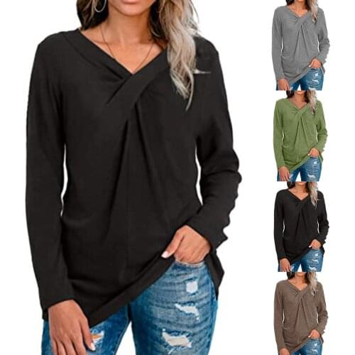 New Casual Women Autumn V Neck Long Sleeve Top T-shirt Chest Cross Knot Tunic Blouse