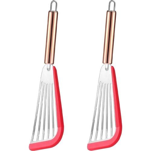 2 PCS Flexible Slotted Stainless Steel Spatula Blade, the Blade Slot with Silicone Soft Top Side Shovel Handle Gold Red