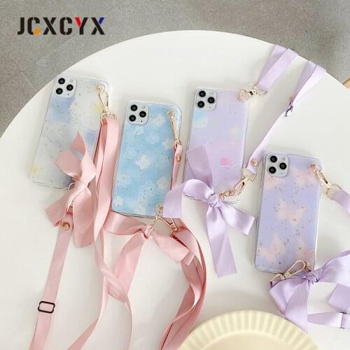 Luxury Glitter Platinum bling Bow Love Soft silicone phone case for iphone X XR XS MAX 7 8 plus 11 Pro SE Flowers lanyard cover