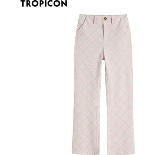 TROPICON Pink Flare High Waist Plaid Pants Women 90s Aesthetic Vintage Bottoms Trousers Summer Long Pants 2021 Clothing