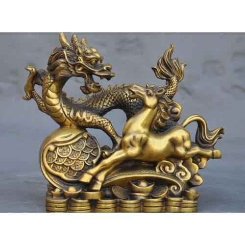 Old China Chinese bronze copper Fengshui wealth yuanbao coin Dragon horse statue