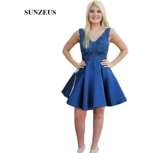 Navy Blue Satin Homecoming Dresses 2019 A-Line V Neck Tank Appliques Beaded Short Graduation Party Dresses Backless SHD01