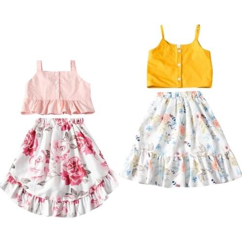 FOCUSNORM 2021 Summer Infant Girls Clothes Sets 2pcs Strapless Single Breasted Vest Tops Floral Print Ruffles A-Line Skirts 1-7Y
