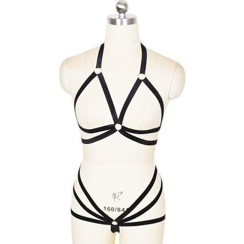 HANAERNES Top Crop Sexy Goth Lingerie Elastic Harness Cage Bra Chain Cupless Bandage Body Bra Crossing Harness Bottoms