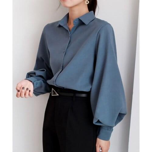 Women Blouse Vintage Turn-Down Collar Spring Autumn Lantern Sleeve Shirts White Tops Shirt Black Ladies Casual Blouses Female