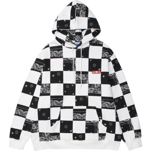 Printed Plaid Hoodie Sweater 2021 Women Black V-neck Loose Fashion Hooded Sweatshirt Casual Street Hip Hop Pullover Hoodies Top