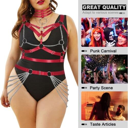 Womens Underwear Punk Sexy Body Harness 3-Piece Set Choker Metal Chain Cage Bra And Chain Strap Skirt Belt Plus Size Party Rave