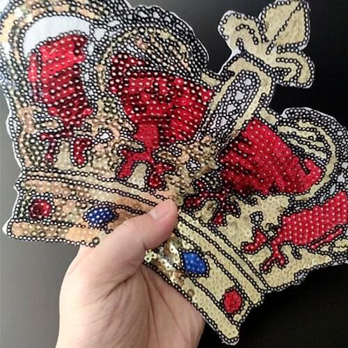 27CM Crown Iron On Patches For Clothing Red Sequins Biker Badge Embroidery Fabric Sequined Patch Clothes Stickers Strange things