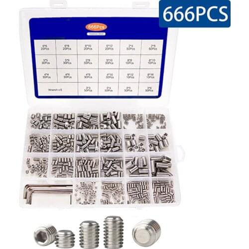 666PCS/Box M2-M8 M3 M4 M5 Hex Hexagon Socket Set Screw Flat Point Grub Screw Assortment Kit Stainless Steel Headless Set Screw