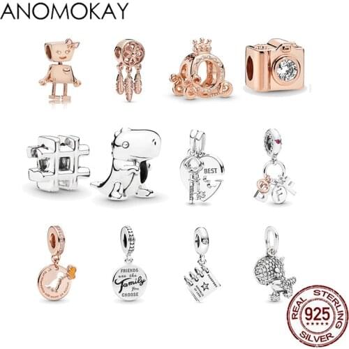 Anomokay New Real 925 Silver Mix Style Dinosaur Heart Charms for Bracelet & Bangle Gold Color Dream Catcher Robot Pendant Beads