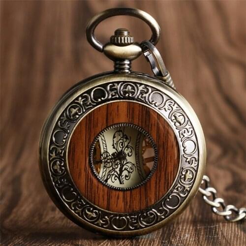 Vintage Watch Hand Winding Mechanical Pocket Watch Luxury Wooden Design Half Hunter Retro Clock Gifts for Men Women reloj