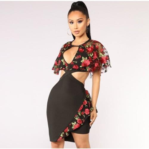 Designer Embroidery Bandage Dress Mesh Short Batwing Sleeve Keyhole Cut Out Asymmetrical Mini Party Dress