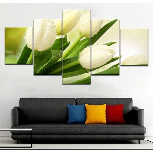Canvas Paintings Modular Home Decor Framework HD Prints Pictures 5 Pieces White Tulips Flowers Posters For Living Room Wall Art