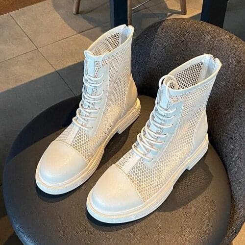 Summer New Fashion Breathable Mesh Womens Ankle Boots Front Lace-Up Rear Zipper Casual Shoes Ladies Thin Non-Slip Martin Boots