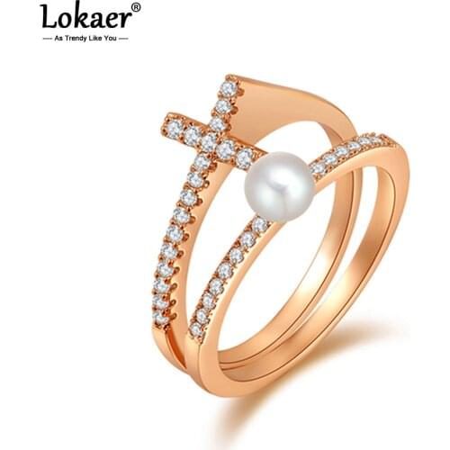 Lokaer Fashion Cross & Simulated Pearl Rings Rose Gold Color Mosaic Austrian Crystal Wedding Rings Jewelry For Women R15043