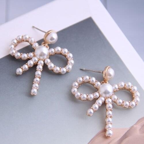 New Vintage Korean Japan Earrings For Women Handmade Sweet Simulated Pearl Bow Jewelry Pendientes Gifts