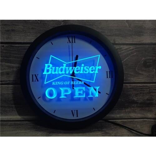 0E113 OPEN Budweiser Beer Pub Bar APP RGB 5050 LED Neon Light Signs Wall Clock