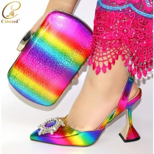Multi Color Italian Shoes with Matching Bags Set Decorated with Rhinestone African Wedding Shoes and Bag Set Nigerian Shoes Bag