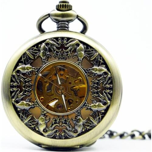 Luxury Retro Hollow Bronze Fish Pattern Mechanical Pocket Watch Hand-winding Fob Chain Watch for Men Women PJX1275