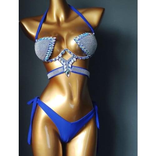 Pink Blue Rhinestones Bikini Pole Dancing Costume Bar Nightclub DJ Stage Wear Dancer Performance Sexy Crystals Bra Shorts Set