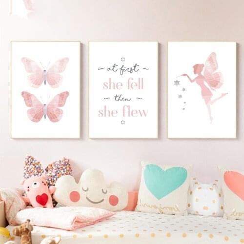 Nordic Poster Canvas Prints Wall Picture Art Painting Pink Little Fairy Butterfly Letter Modern Home Decor Modular For Girl Room