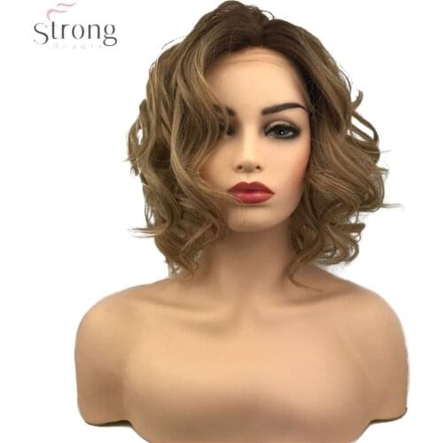 StrongBeauty Synthetic Lace Front Wig Light brown/grey Ombre Hair Medium Curly Natural Wigs