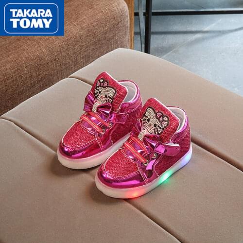 TAKARA TOMY cute cartoon Hello Kitty sequin shoes simple fashion light up soft bottom non-slip childrens flat shoes