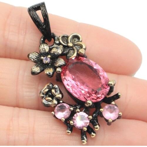 44x20mm Bohemia Design Vintage 9.3g Flowers Created Pink Morganite Violet Tanzanite London Blue Topaz Black Gold Silver Pendant