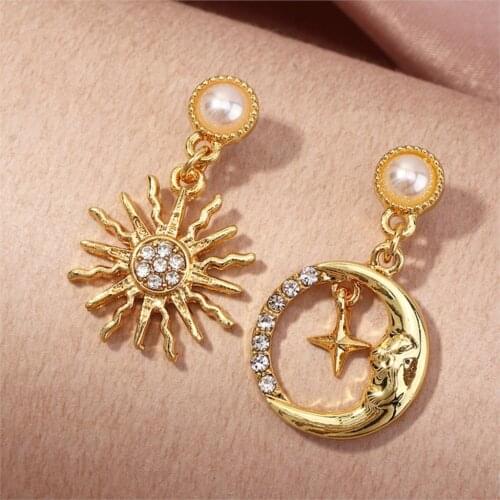 1 Pari Galaxy Earrings For Women Jewelry Gold Color White Sun Moon Imitation Pearl Clear Rhinestone 30mm x 17mm
