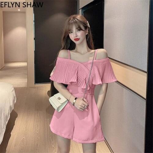 Chic Women Short Romper Summer Off Shoulder Pleated Ruffles Short Overalls Fashion High Waist White Jumpsuit One Piece Jumpsuit