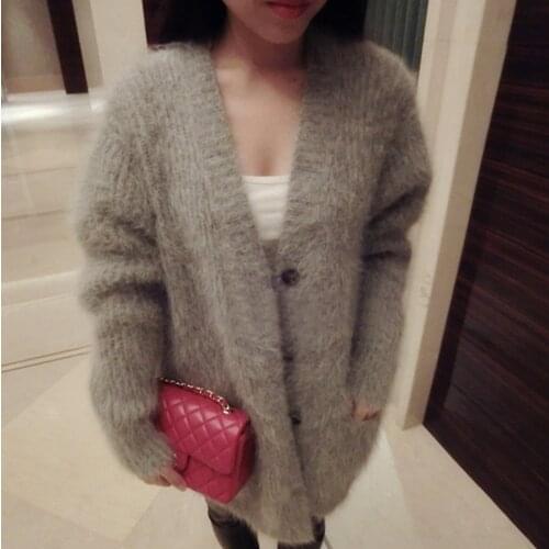 Women Thick Warm 100% Real Mink Cashmere Sweater Natural Sexy V Neck Long Sleeve Oversize Cardigans Ladies Clothes wsr767